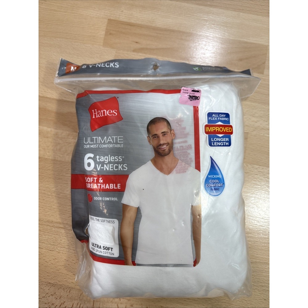 HANES Ultimate V-Necks 6Pk Med White Tagless Wicking Ultra Soft Spun 100% Cotton